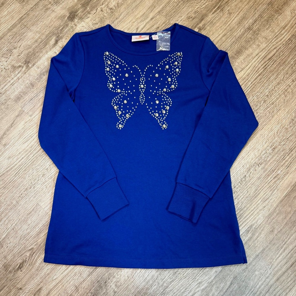 Quacker‎ Factory Royal Blue Rhinestone Butterfly Long Sleeve Top XS A612399